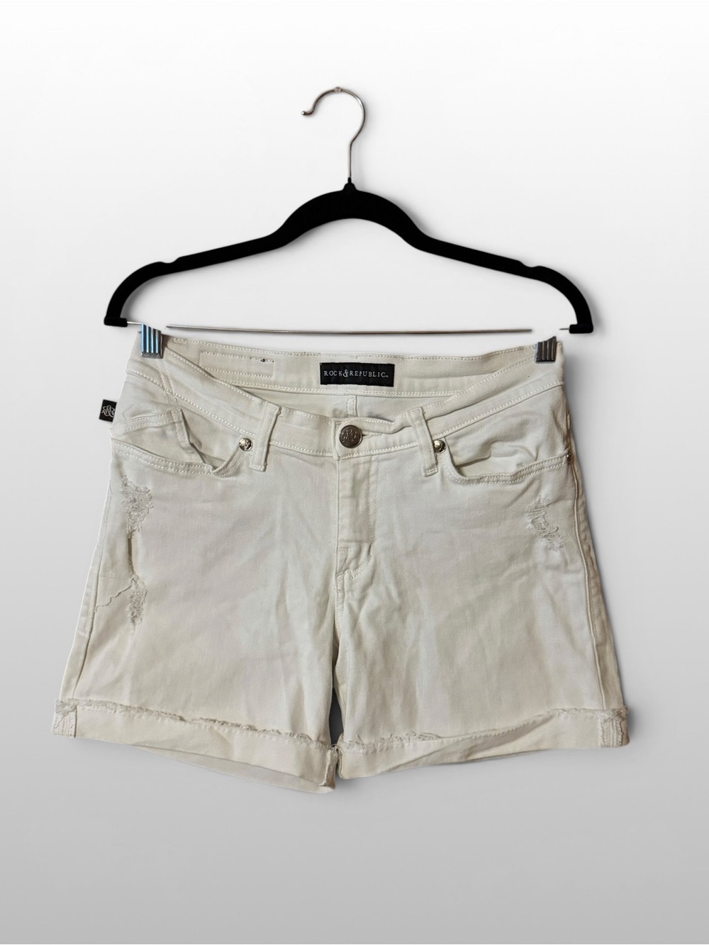Rock & Republic Bumpershoot White Distressed Denim Shorts Size 6 Stretch
